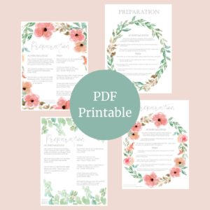 Pink background with 4 pages containing the text of the Preparation Prayer