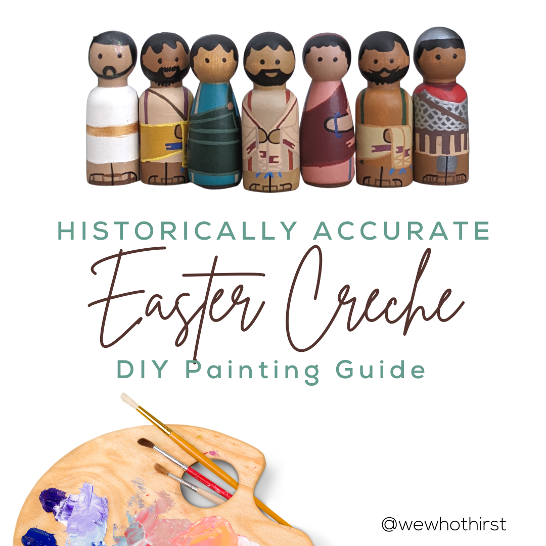 Easter Creche DIY Painting Guide image showing the peg doll creche at the top and painting supplies at the bottom left